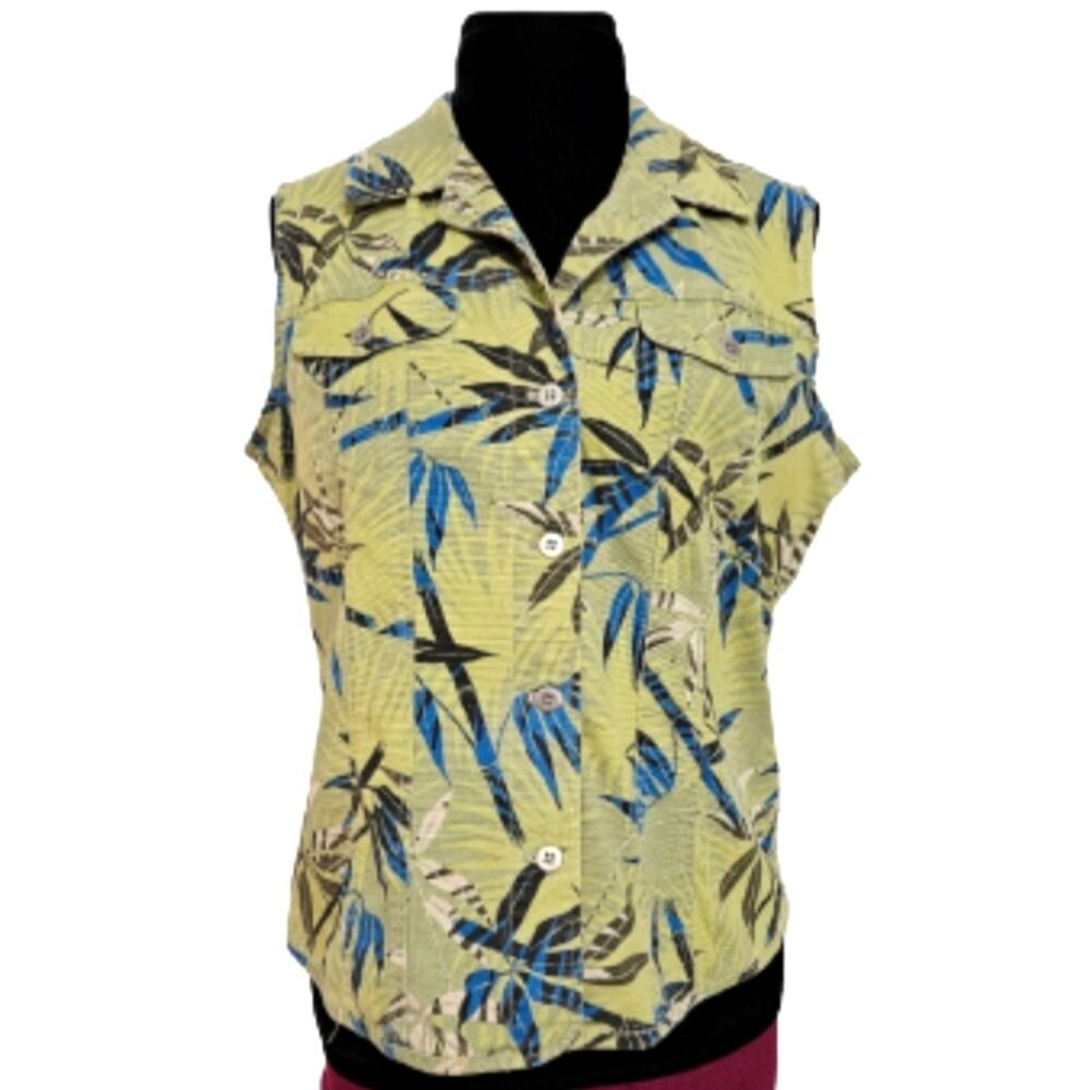 Chico's Leaf Print Denim Green Skeeveless Button Front Vest Large